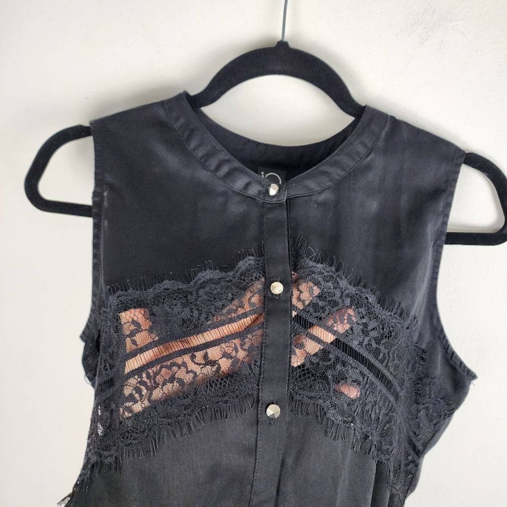 iO Lace Accent Sleeveless Blouse Button Front Top in Black - Picture 2 of 10